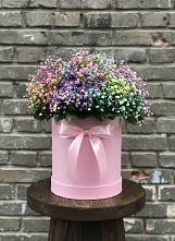 Цветочная композиция из Гипсофила и Розы в шляпной коробке в Поселок Володарского