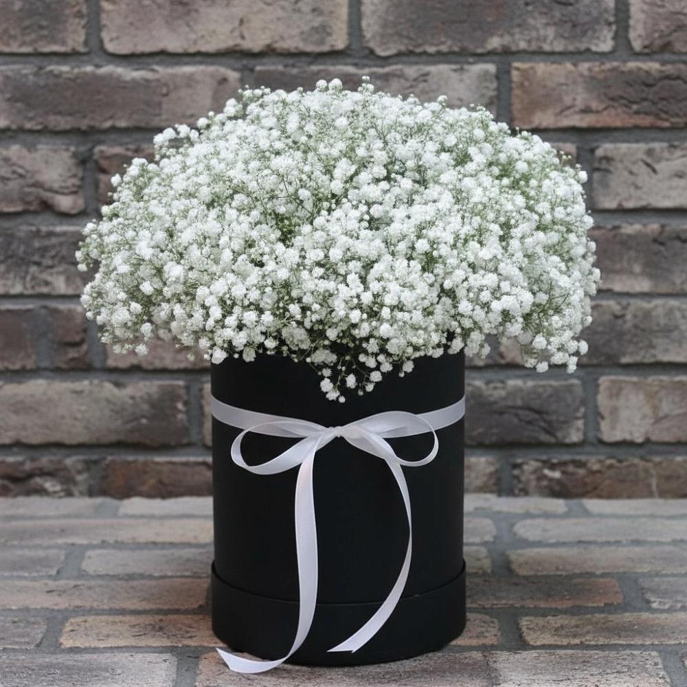 Цветочная композиция из Гипсофила в шляпной коробке в Поселок Володарского