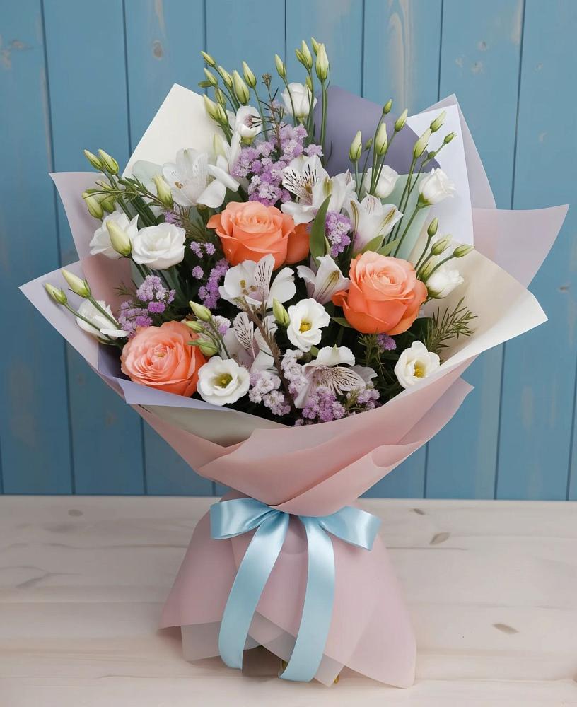 Букет цветов из: Лизиантусы, Розы, Альстромерии и Гипсофила в Поселок Володарского