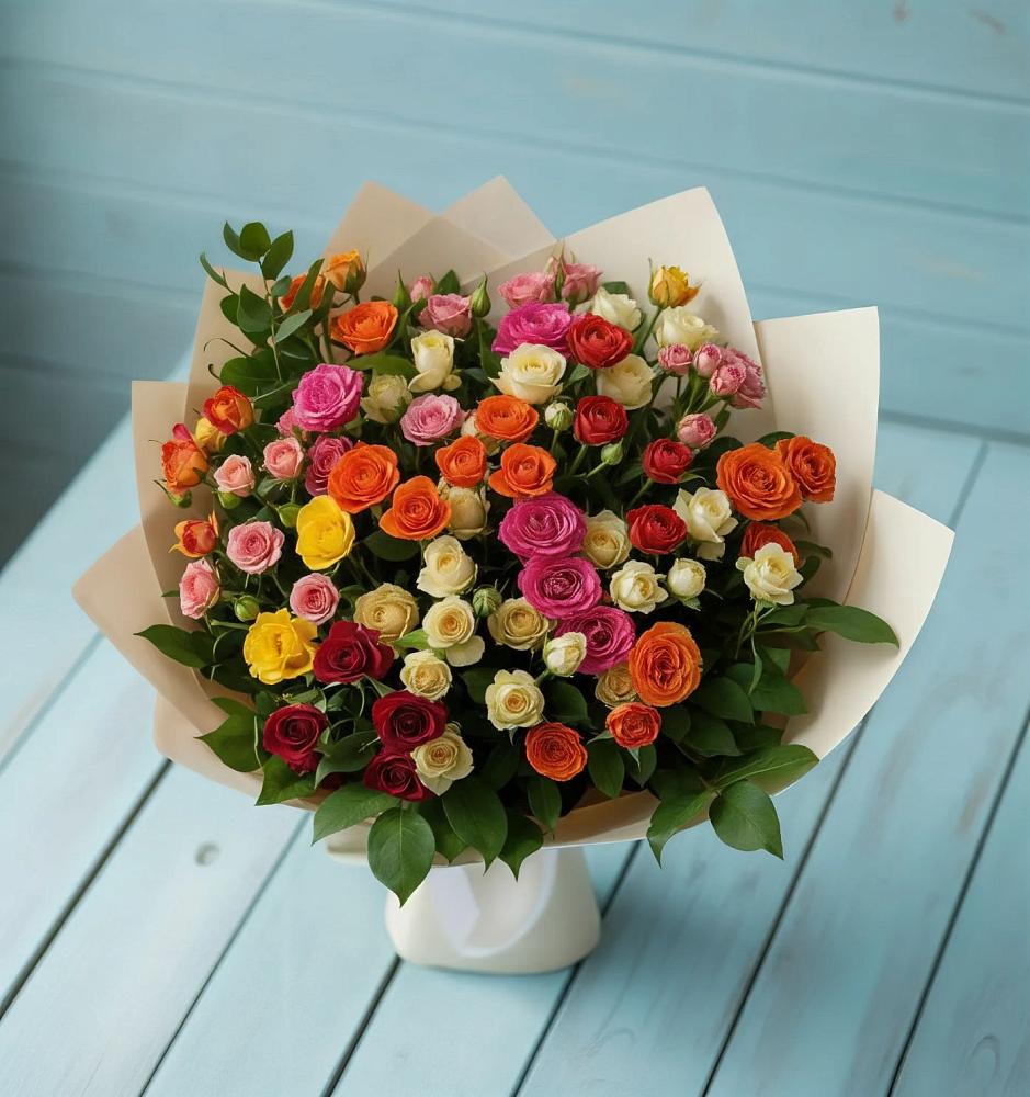 Букет Микс из разноцветных кустовых роз в Поселок Володарского